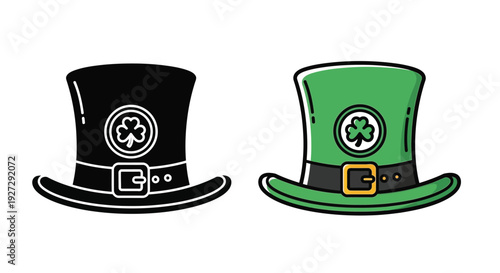 Two stylized top hats with clover details a black and green design silhouette