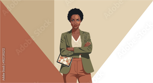 A confident and empowered African American businesswoman stands with crossed arms, radiating professionalism and determination in a modern office setting.
