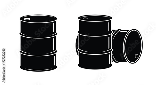 Three black oil drums in a stark graphic silhouette