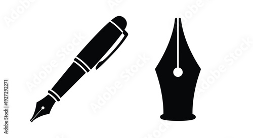 Two fountain pens depicted in a stark black silhouette