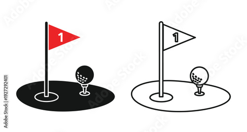 Golf elements with flag and ball depicted in contrasting styles silhouette