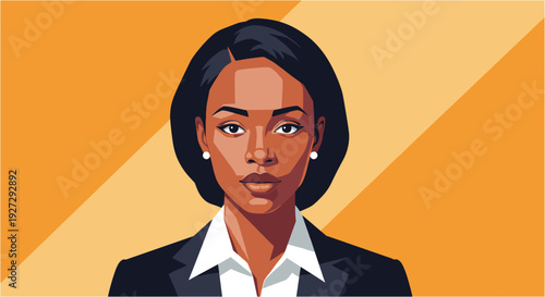 Confident African American businesswoman in a sharp suit, exuding professionalism and determination against a dynamic orange background.