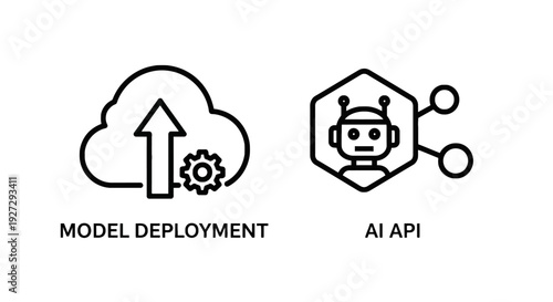 AI Model Deployment and API Integration Icons: Cloud with Gear for Software Implementation and Hexagonal Robot for Artificial Intelligence Service Connection