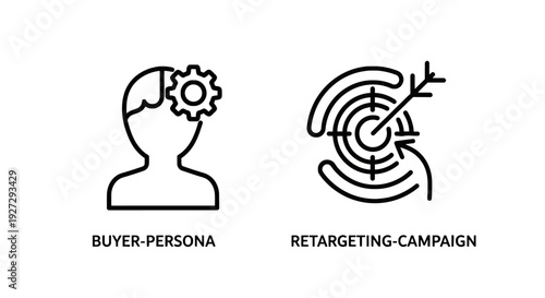 Buyer Persona and Retargeting Campaign for Digital Marketing Strategy Line Art Icon Set for Brand Promotion