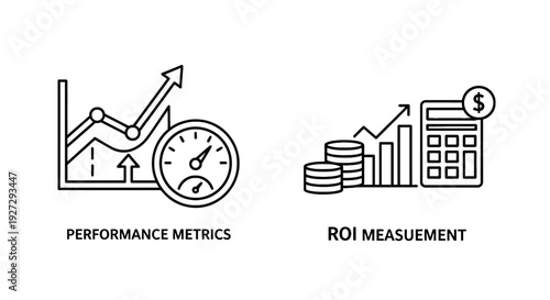 Business Performance and ROI Measurement Icons: Financial Growth, Analytics, and Success Metrics.