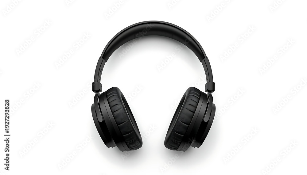 Fototapeta premium A pair of sleek black over-ear headphones, designed for immersive audio, lies neatly positioned on a clean white background.