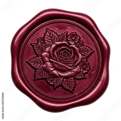 Embossed deep red wax seal featuring a detailed rose and floral motif isolated on a transparent background