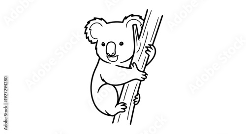 Cute Koala Bear Clinging to Tree Branch Line Art.