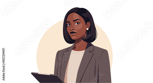 A confident African American businesswoman with a stylish bob haircut holds a clipboard, exuding professionalism and serious determination in a modern, flat illustration style.