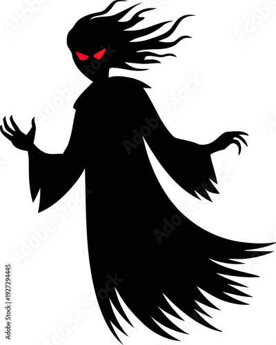 Floating dark gown spirit with glowing gaze poised upright posture, macabre occult character for horror theme branding, sinister gothic figure symbol, clean black silhouette flat vector