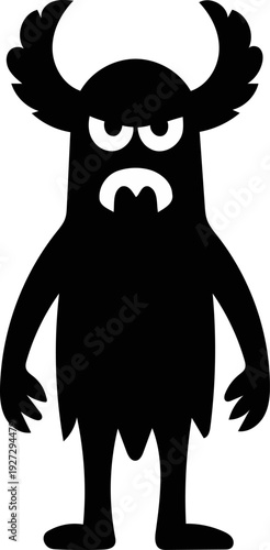 Massive curved horn monster with angry frown standing upright stance, ghastly nightmare entity for horror mascot branding, dark occult figure symbol, bold black flat vector silhouette isolated design