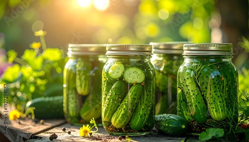 Jars filled with fresh pickles, nestled outdoors on a weathered wood surface bathed in a warm, natural light