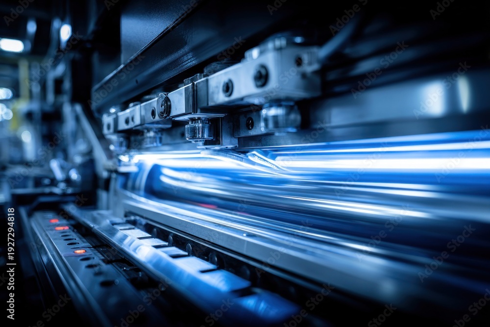 Obraz premium Close-up of a high-speed industrial machine with blue light streaks indicating motion