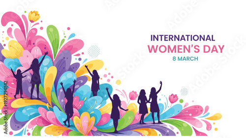 International Women's Day banner with silhouettes of women among vibrant pastel fluid shapes on white