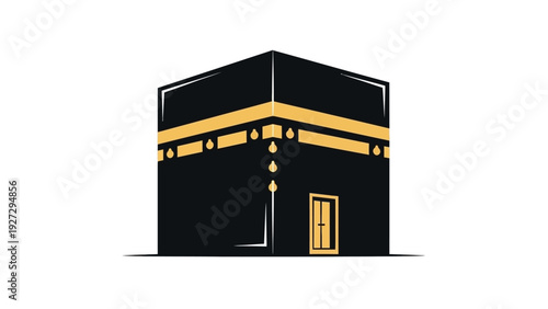 The Kaaba in Mecca, a sacred Islamic site, viewed from the front in an illustration.