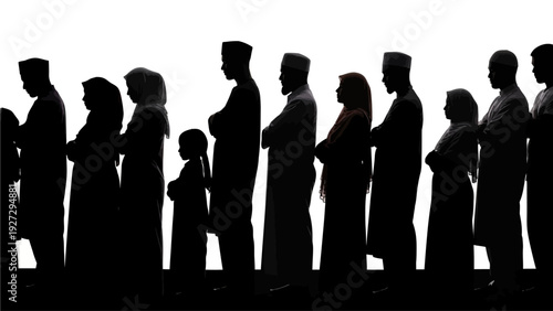 A diverse group of people standing together in a line, silhouetted against a bright background