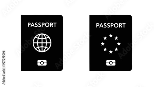 Vector illustration of two black passport icons with globe and eu stars on a transparent background