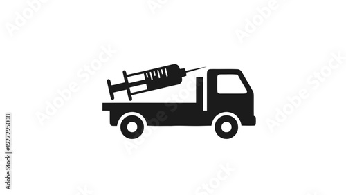 Vector illustration of delivery of medical supplies icon truck transporting a large syringe on a transparent background