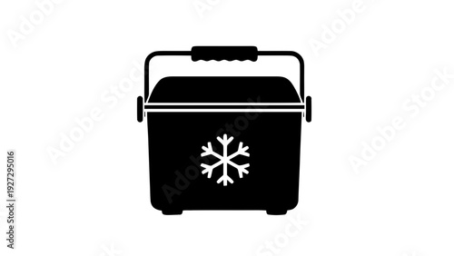 Vector illustration of black and white icon of a portable cooler box with a snowflake symbol on a transparent background
