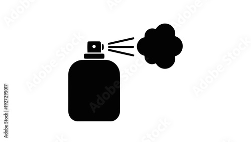Vector illustration of black silhouette of a spray bottle dispensing aerosol mist on a transparent background