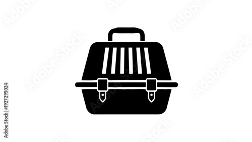 Vector illustration of black silhouette icon of a pet carrier or animal transport box with handle on a transparent background