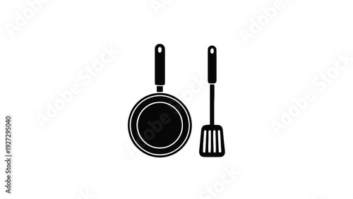 Vector illustration of black frying pan and spatula kitchen utensils on on a transparent background