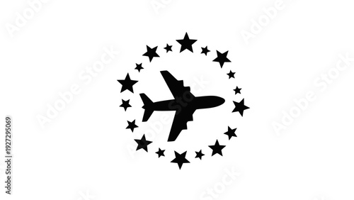 Vector illustration of airplane inside a circle of stars, travel and aviation logo icon silhouette on a transparent background