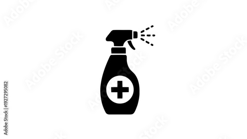 Vector illustration of black icon of a spray bottle with a medical cross symbol, spraying liquid on a transparent background