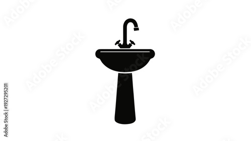 Vector illustration of black silhouette icon of a pedestal sink with faucet, on a transparent background