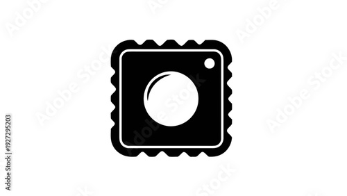 Vector illustration of black and white icon of a square instant photo or camera lens with scalloped edges on a transparent background
