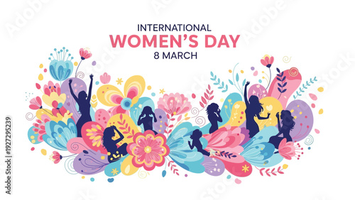 International Women's Day banner with female silhouettes and colorful floral patterns on white background