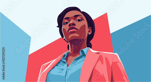 A confident and determined young Black businesswoman in a stylish suit, depicted with a powerful low-angle perspective and bold graphic elements.