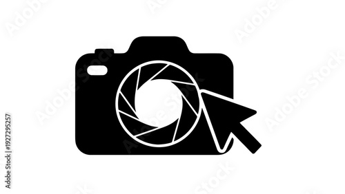Vector illustration of camera icon with aperture and cursor click symbol, photography concept on a transparent background