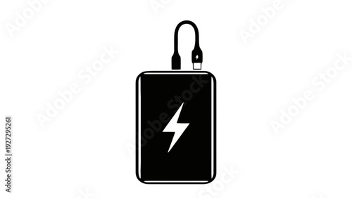 Vector illustration of black portable power bank with charging cable and lightning bolt icon on a transparent background