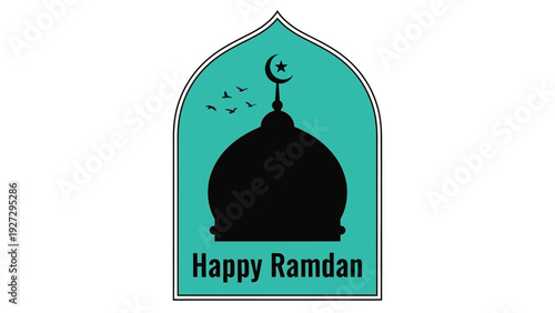 Celebrating Ramadan with a serene mosque illustration in a traditional arched frame