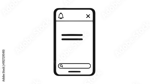 Vector illustration of simple line icon of mobile app interface with notification bell and search bar on a transparent background