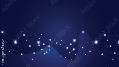 Abstract dark blue background with glowing white dots and interconnected wavy lines, representing data, technology, or a digital network concept.