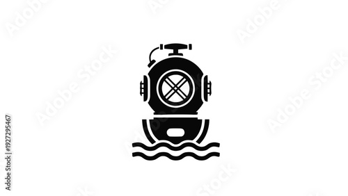 Vector illustration of black silhouette of a submarine diving into wavy waters on on a transparent background