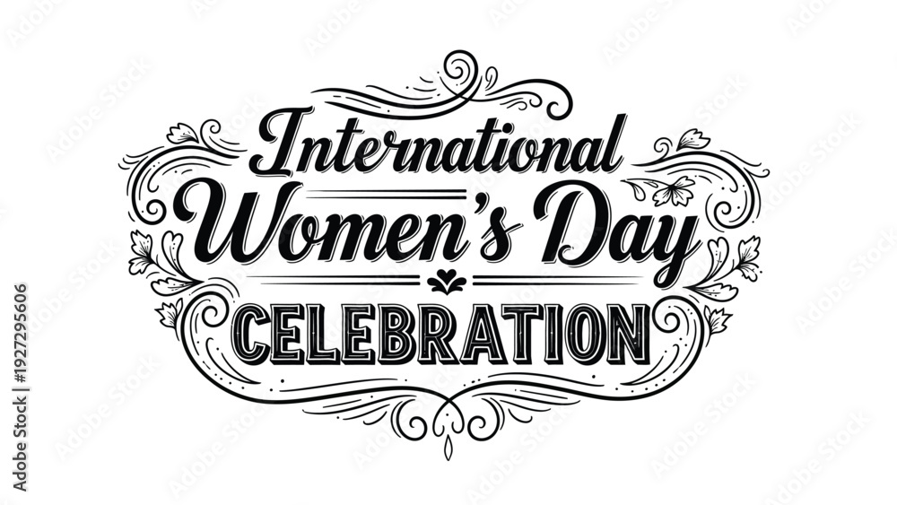 Obraz premium International Women's Day celebration text with ornate vintage flourishes on a white background