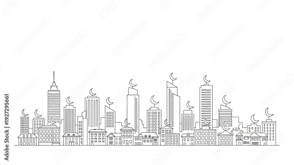 Fototapeta premium Cityscape illustration of modern skyscrapers and buildings from a distant viewpoint