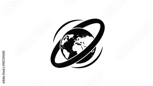 Vector illustration of black and white globe logo with swirling motion lines around it on on a transparent background