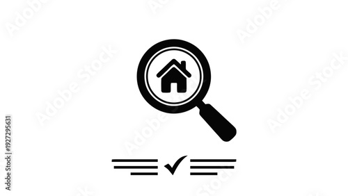 Vector illustration of magnifying glass with house icon and checkmark for home search and verification on a transparent background