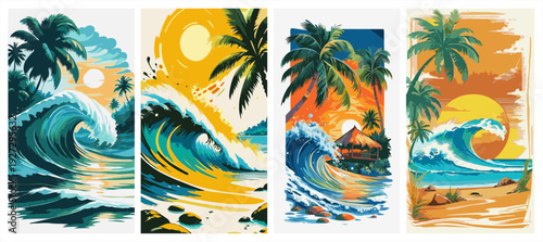 Set of four tropical beach posters. Vibrant flat vector illustration of giant ocean waves, palm trees, and sunsets.