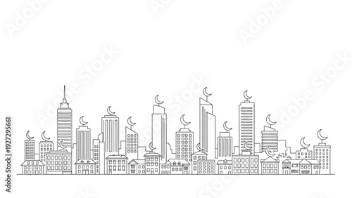 Cityscape illustration of modern skyscrapers and buildings from a distant viewpoint