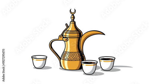 Traditional Arabic coffee pot and cups on a simple background, viewed from the front