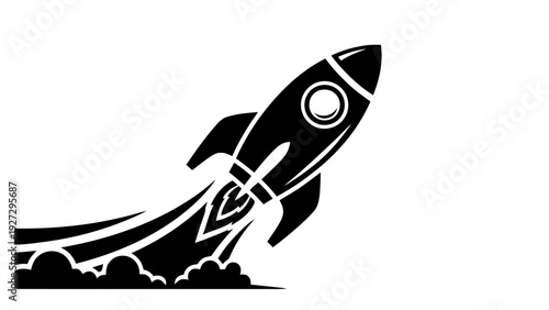 Vector illustration of black silhouette of a rocket ship launching into space on on a transparent background