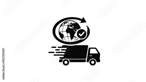 Vector illustration of black truck with globe and checkmark logo on for delivery concept on a transparent background