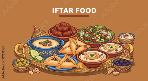 Assorted Iftar delicacies arranged on a platter, featuring traditional dishes during Ramadan, viewed from directly above in a flat-lay composition.