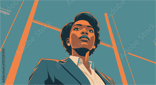 Confident African American businesswoman looking upwards with determination, symbolizing ambition, leadership, and professional success in a modern corporate environment.