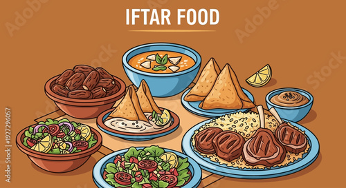 A vibrant iftar meal spread on a table with various traditional dishes and delicacies